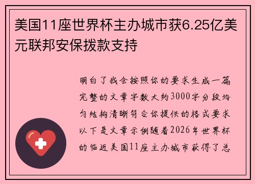 美国11座世界杯主办城市获6.25亿美元联邦安保拨款支持 美国11座世界杯主办城市获6.25亿美元联邦安保拨款支持