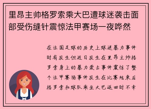 里昂主帅格罗索乘大巴遭球迷袭击面部受伤缝针震惊法甲赛场一夜哗然 里昂主帅格罗索乘大巴遭球迷袭击面部受伤缝针震惊法甲赛场一夜哗然